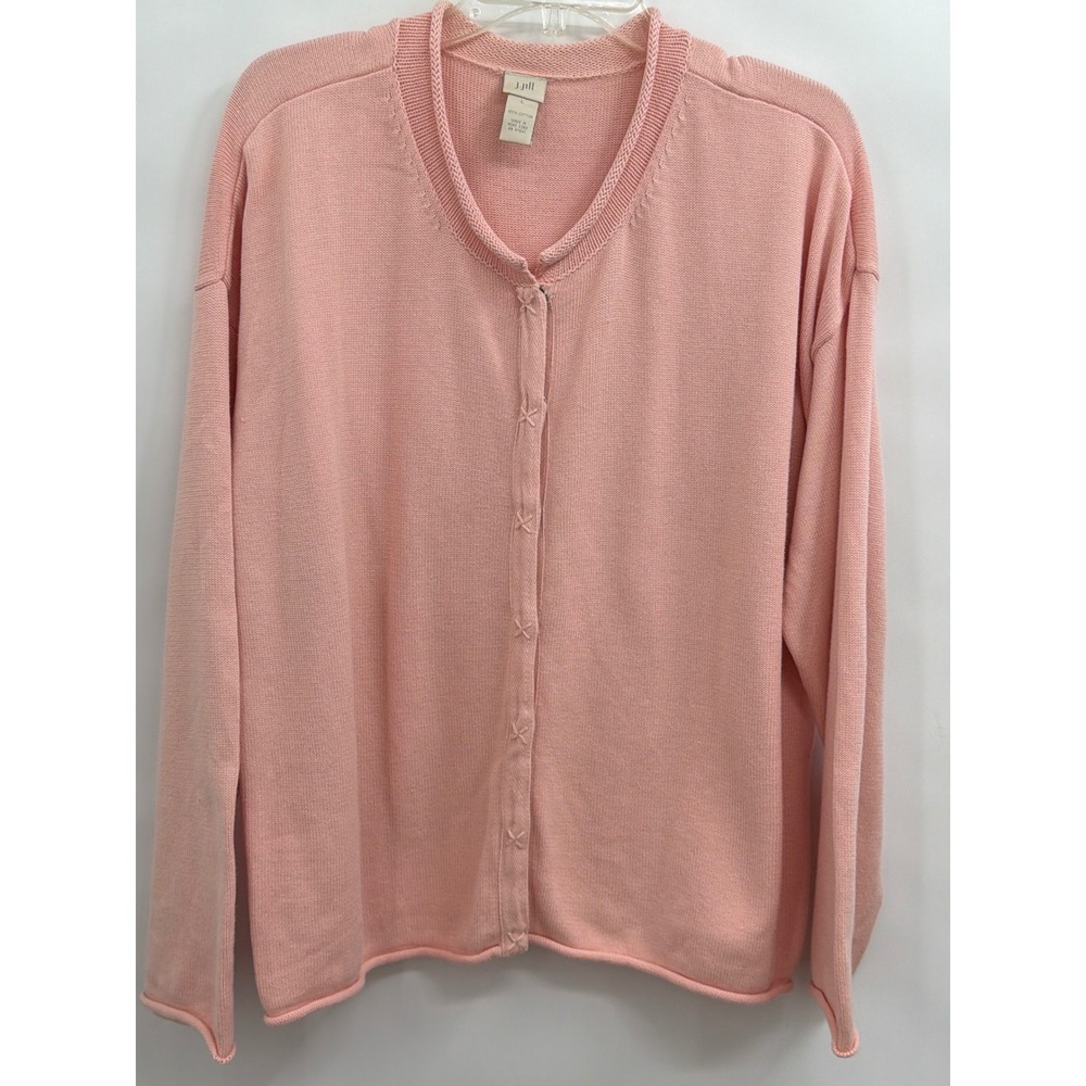 Vintage J. Jill Salmon Pink 100% Cotton V-Neck Button Front Cardigan Sweater Lg